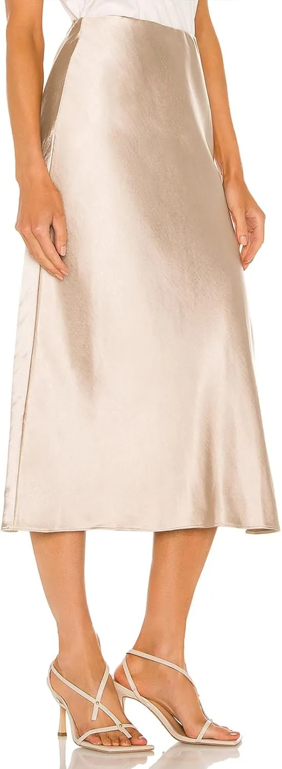 Womens High Waisted Satin Midi Skirts Elegant Flared A Line Elastic Waistband Silk Slit Skirt for Women