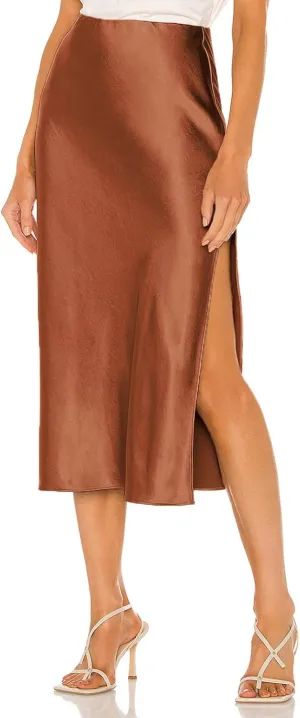 Womens High Waisted Satin Midi Skirts Elegant Flared A Line Elastic Waistband Silk Slit Skirt for Women