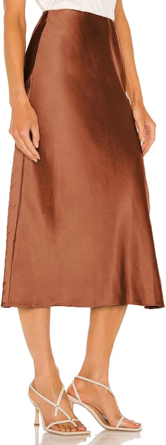 Womens High Waisted Satin Midi Skirts Elegant Flared A Line Elastic Waistband Silk Slit Skirt for Women