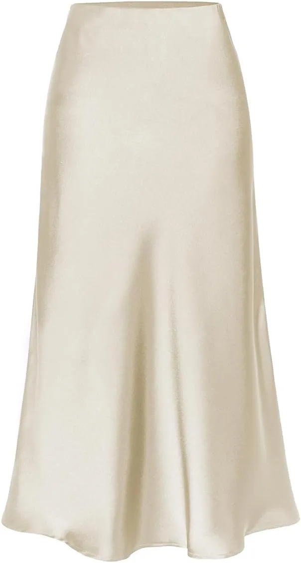 Womens High Waisted Satin Midi Skirts Elegant Flared A Line Elastic Waistband Silk Slit Skirt for Women