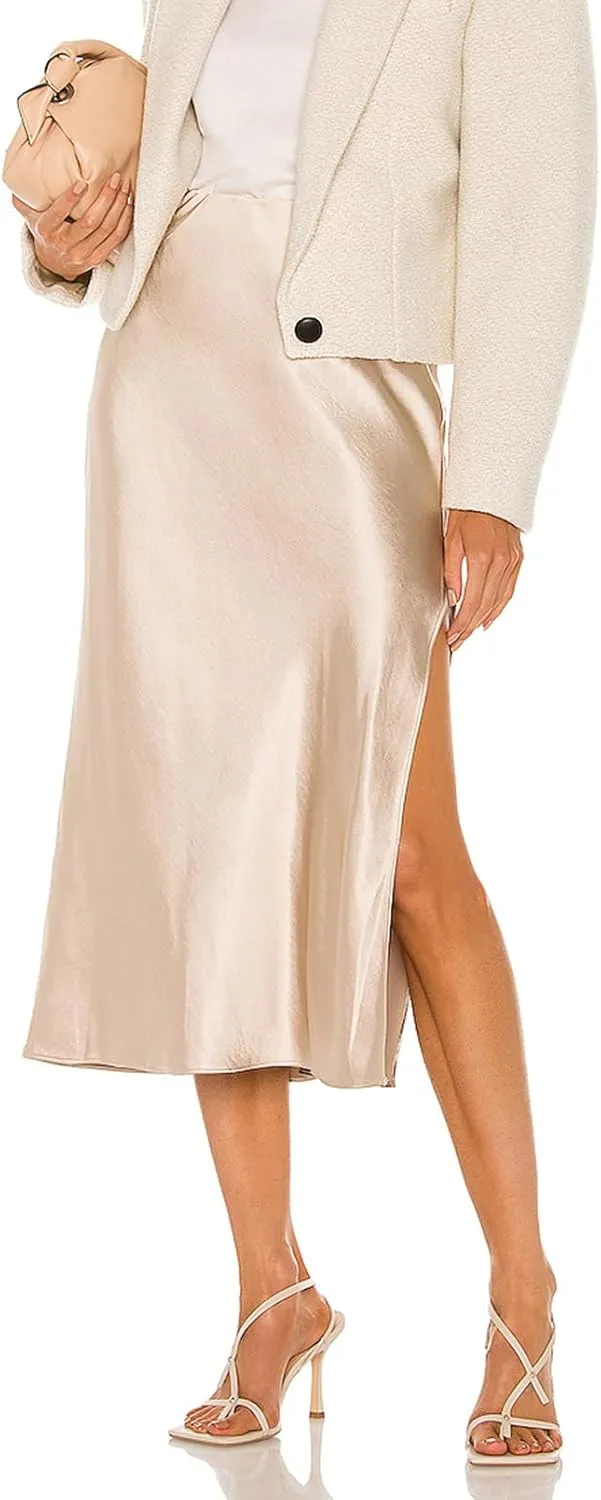 Womens High Waisted Satin Midi Skirts Elegant Flared A Line Elastic Waistband Silk Slit Skirt for Women