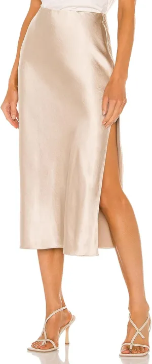 Womens High Waisted Satin Midi Skirts Elegant Flared A Line Elastic Waistband Silk Slit Skirt for Women
