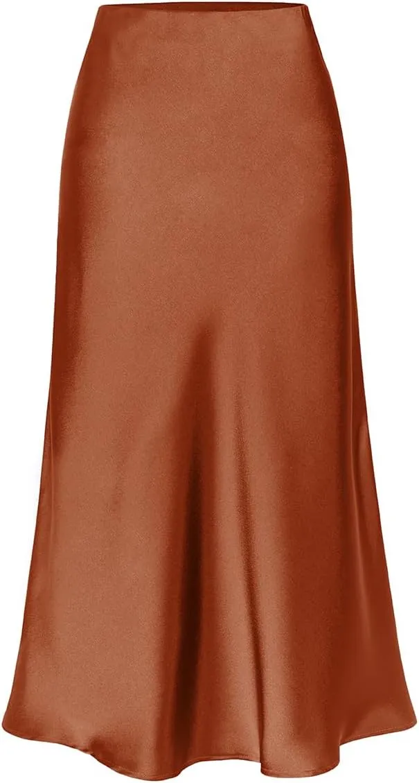Womens High Waisted Satin Midi Skirts Elegant Flared A Line Elastic Waistband Silk Slit Skirt for Women