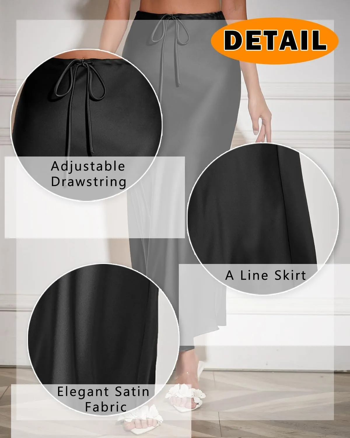 Women's Maxi Skirts Satin Drawstring High Waisted Silk Elegant Flowy Casual A-Line Long Skirt for Women