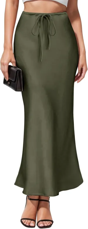 Women's Maxi Skirts Satin Drawstring High Waisted Silk Elegant Flowy Casual A-Line Long Skirt for Women