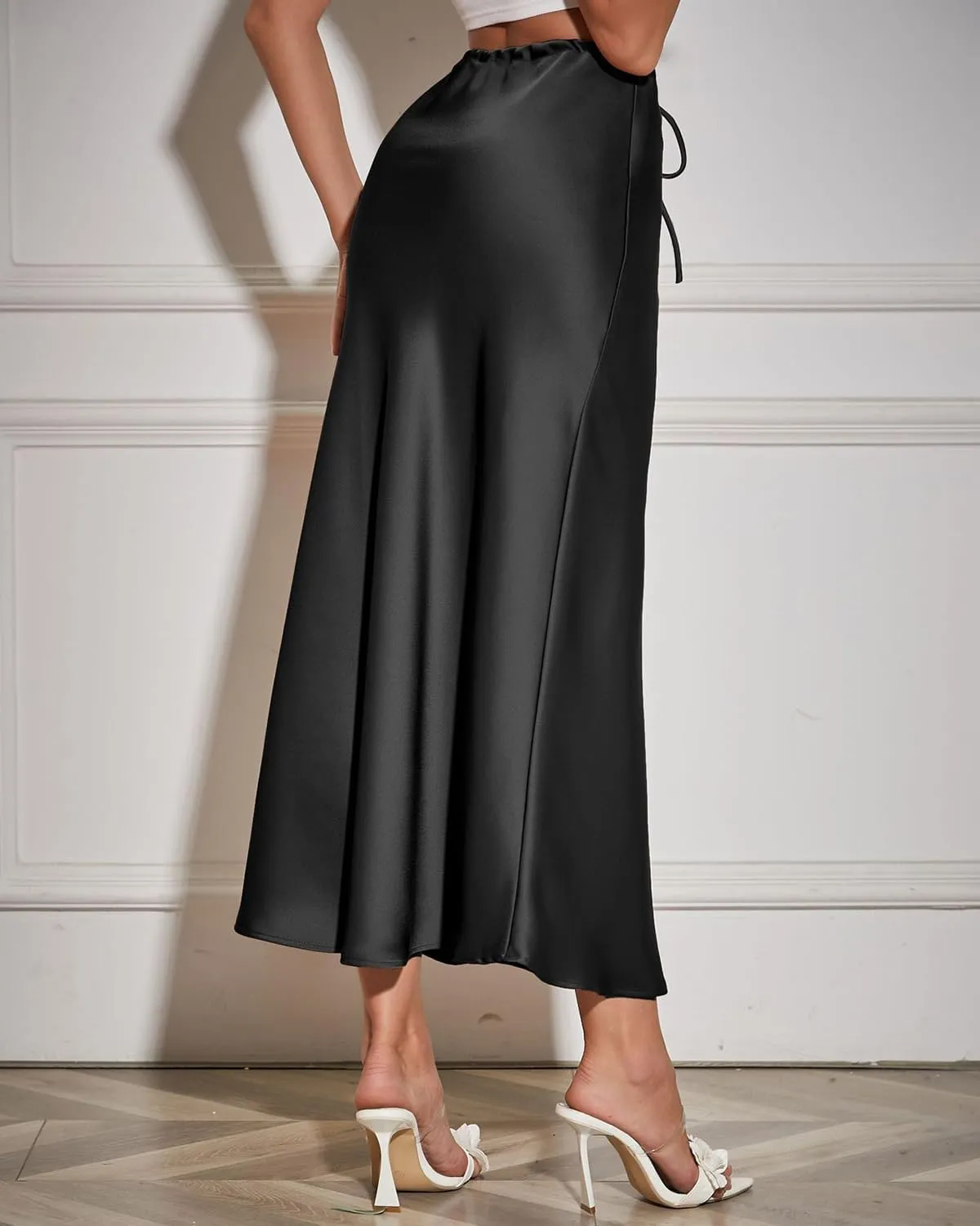 Women's Maxi Skirts Satin Drawstring High Waisted Silk Elegant Flowy Casual A-Line Long Skirt for Women