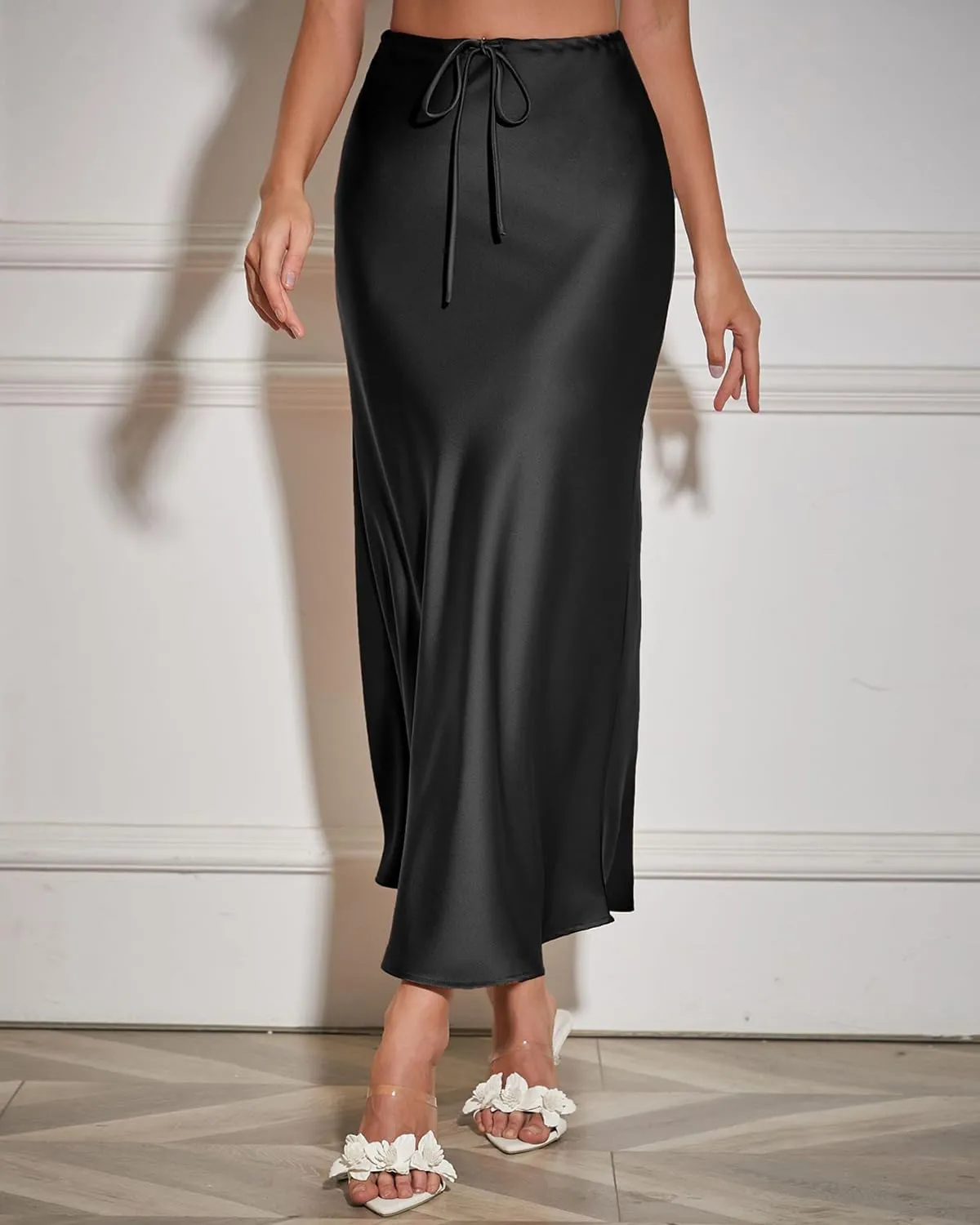 Women's Maxi Skirts Satin Drawstring High Waisted Silk Elegant Flowy Casual A-Line Long Skirt for Women