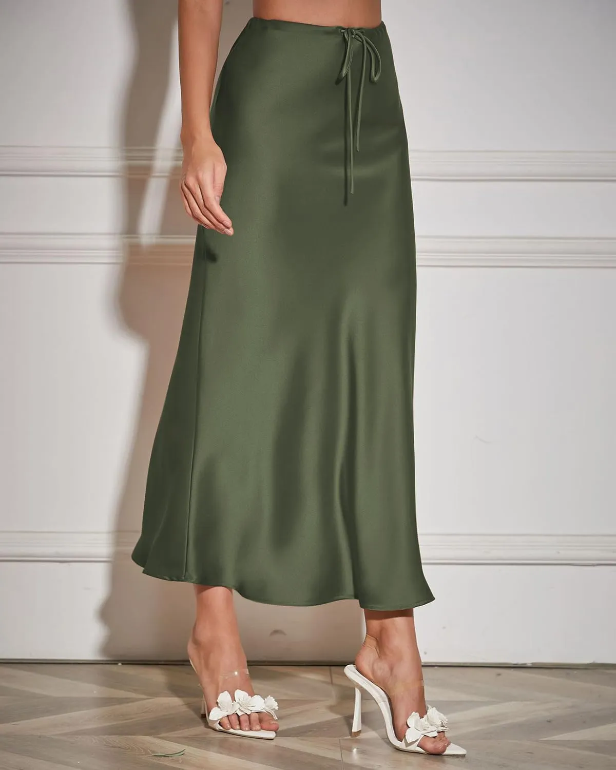 Women's Maxi Skirts Satin Drawstring High Waisted Silk Elegant Flowy Casual A-Line Long Skirt for Women