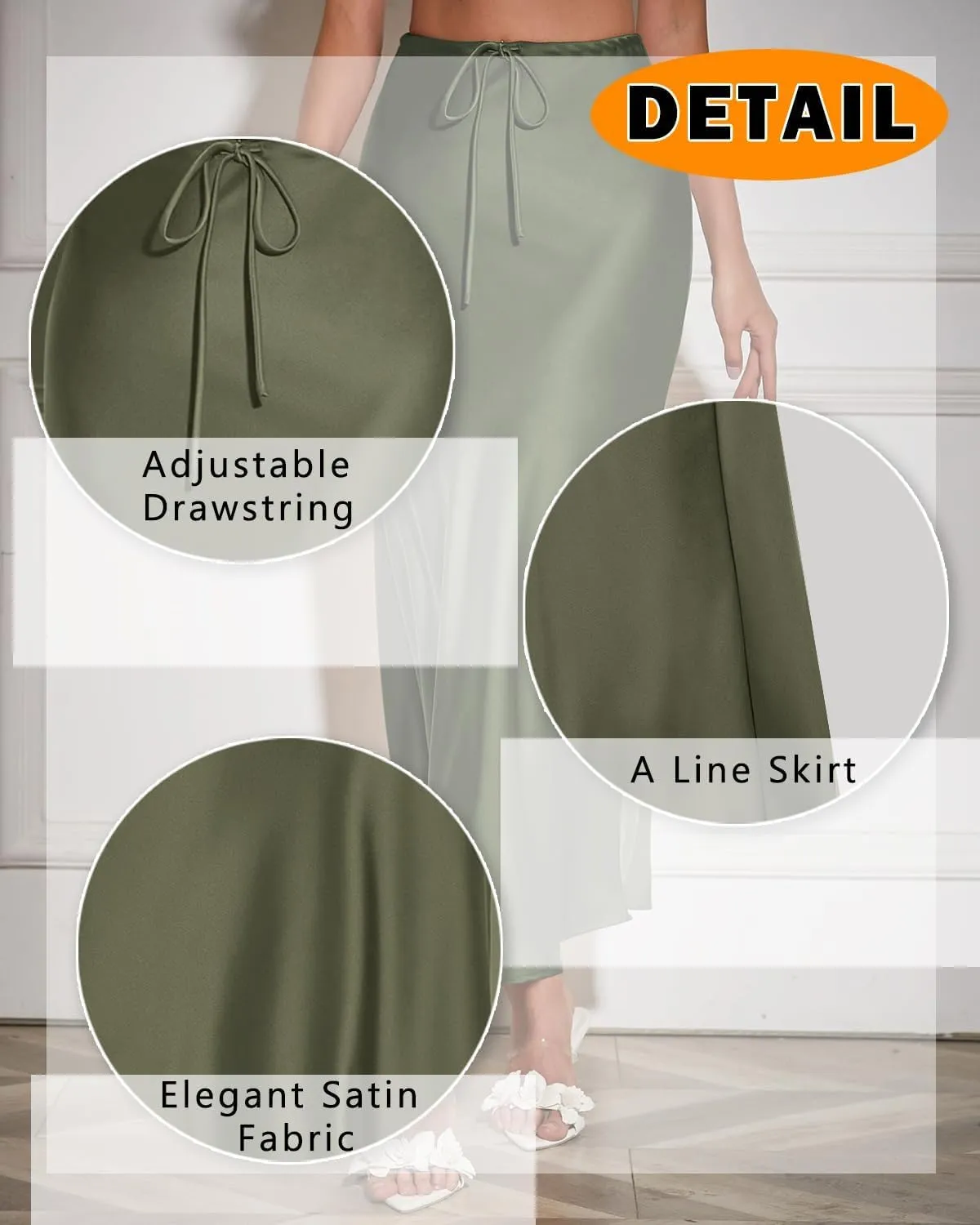 Women's Maxi Skirts Satin Drawstring High Waisted Silk Elegant Flowy Casual A-Line Long Skirt for Women