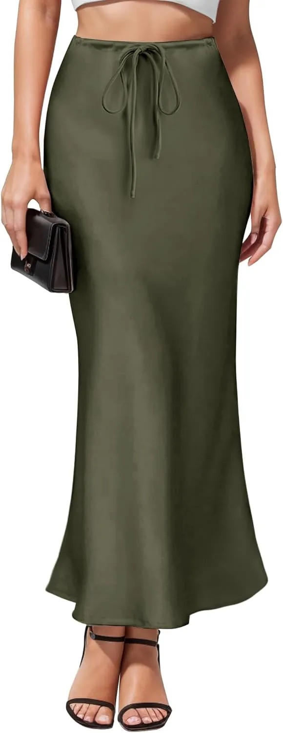 Women's Maxi Skirts Satin Drawstring High Waisted Silk Elegant Flowy Casual A-Line Long Skirt for Women