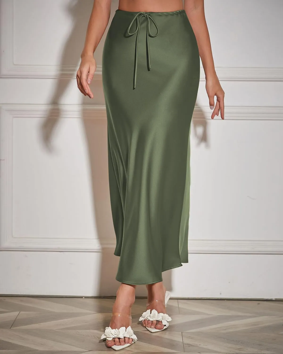 Women's Maxi Skirts Satin Drawstring High Waisted Silk Elegant Flowy Casual A-Line Long Skirt for Women