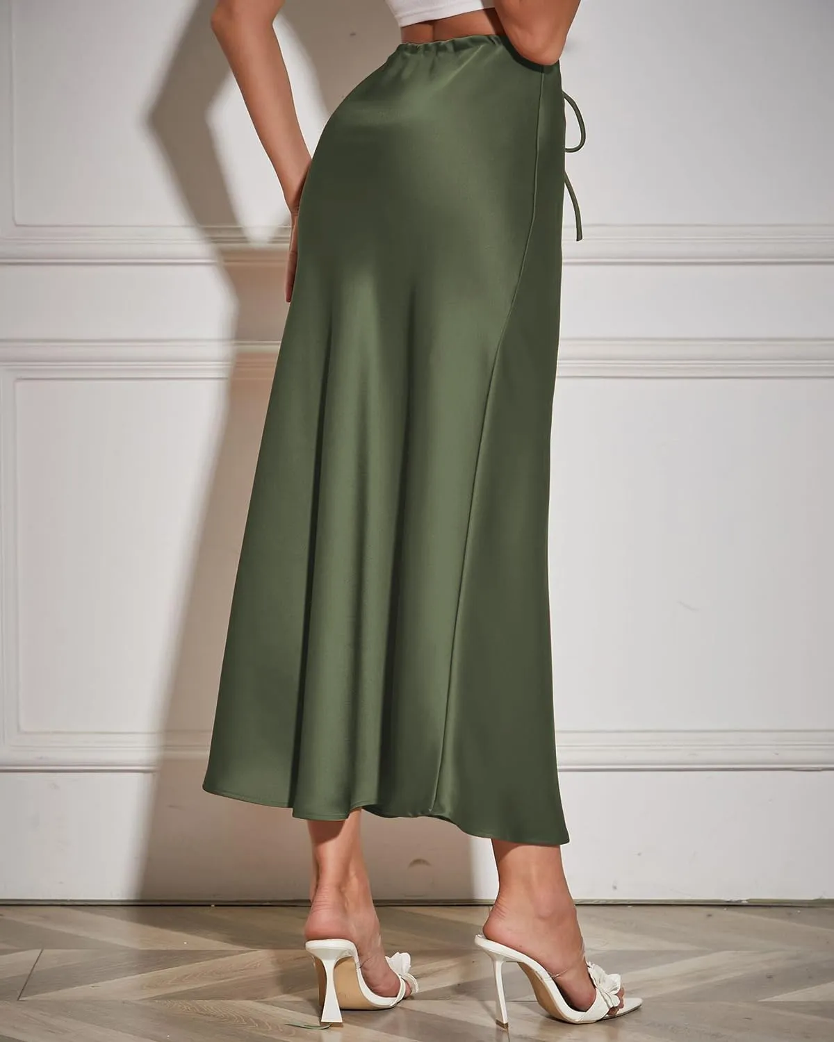 Women's Maxi Skirts Satin Drawstring High Waisted Silk Elegant Flowy Casual A-Line Long Skirt for Women