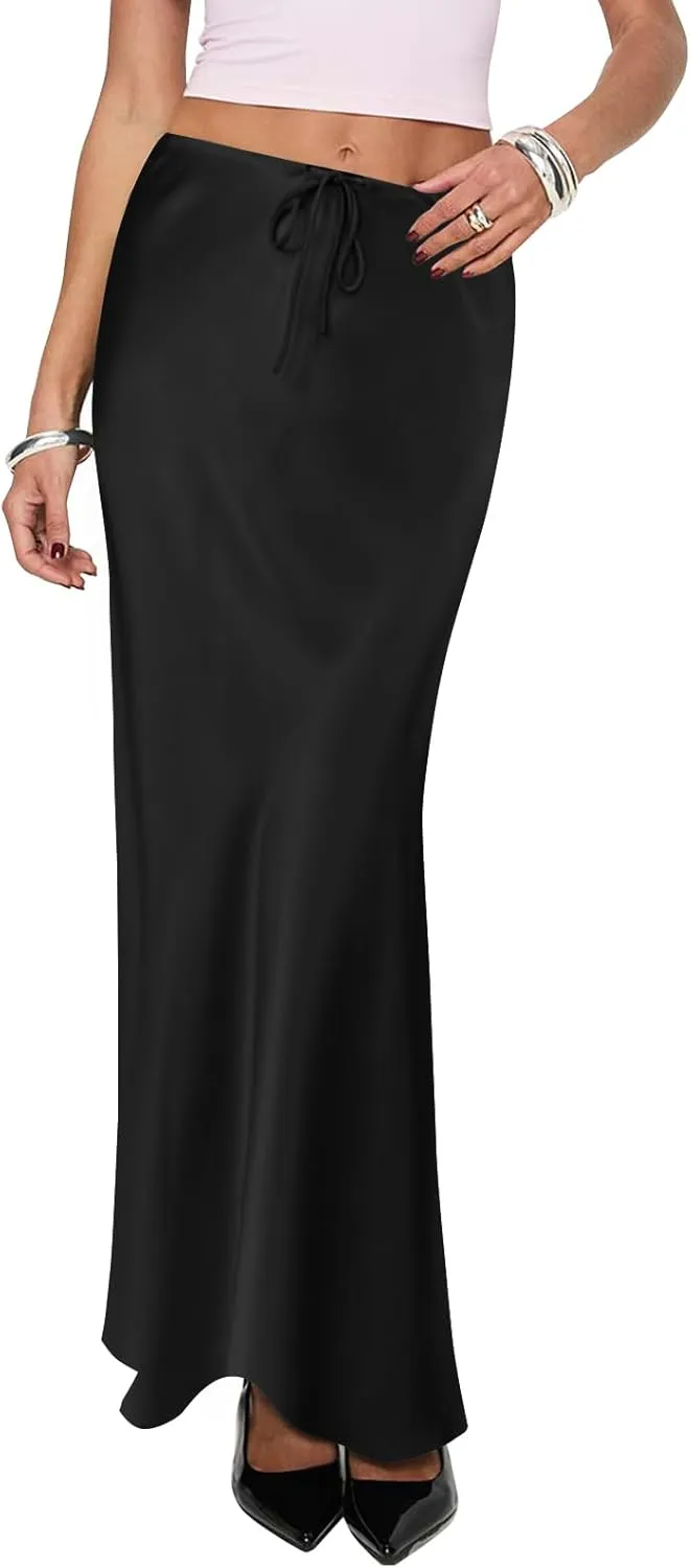 Women's Maxi Skirts Satin Drawstring High Waisted Silk Elegant Flowy Casual A-Line Long Skirt for Women