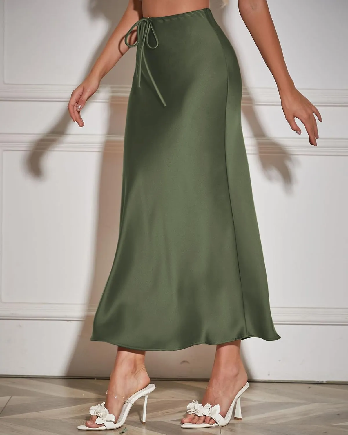 Women's Maxi Skirts Satin Drawstring High Waisted Silk Elegant Flowy Casual A-Line Long Skirt for Women