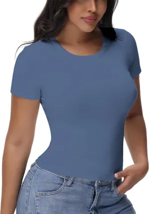 Womens T Shirts Basic Short Sleeve Crew Neck Slim Fit Tees Summer Workout Casual Bodycon Tops 2025