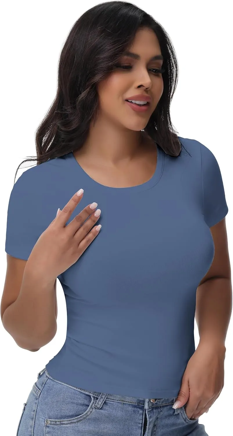 Womens T Shirts Basic Short Sleeve Crew Neck Slim Fit Tees Summer Workout Casual Bodycon Tops 2025
