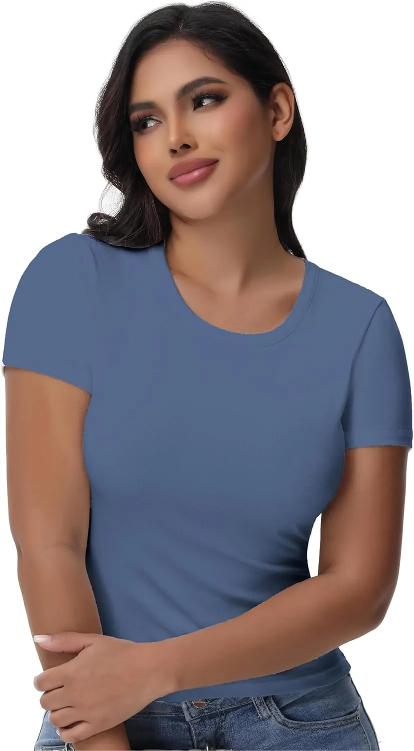 Womens T Shirts Basic Short Sleeve Crew Neck Slim Fit Tees Summer Workout Casual Bodycon Tops 2025