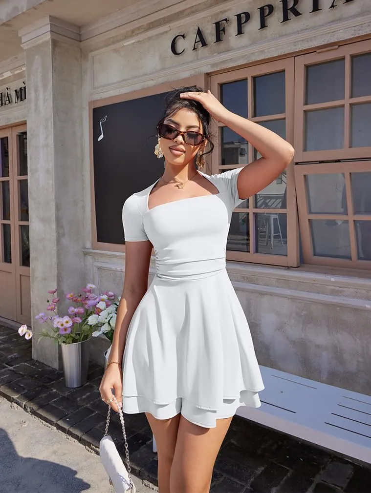 XXTAXN Women's Sexy Square Neck Short Sleeve Ruched Tiered Ruffle Hem Flowy Club Party Mini Dress