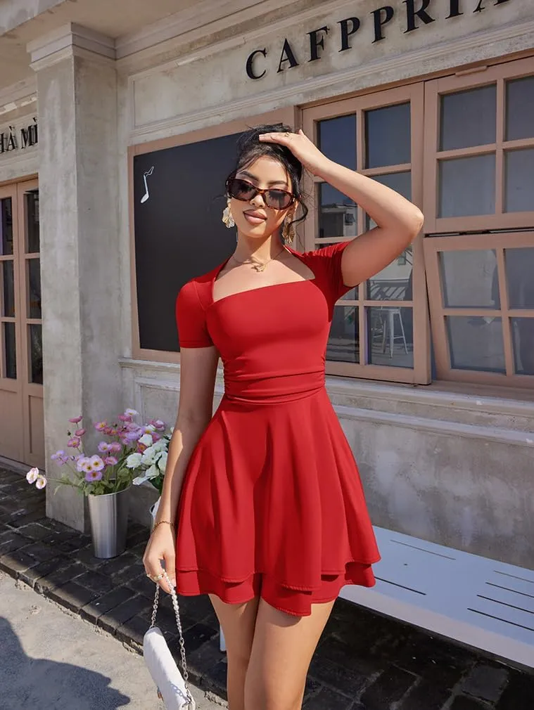 XXTAXN Women's Sexy Square Neck Short Sleeve Ruched Tiered Ruffle Hem Flowy Club Party Mini Dress