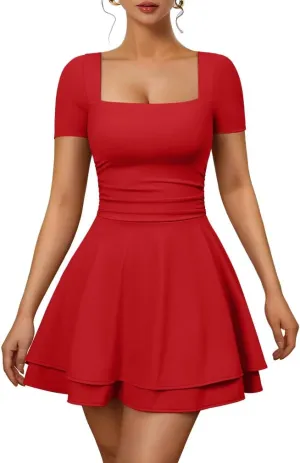 XXTAXN Women's Sexy Square Neck Short Sleeve Ruched Tiered Ruffle Hem Flowy Club Party Mini Dress