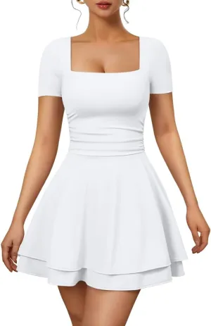 XXTAXN Women's Sexy Square Neck Short Sleeve Ruched Tiered Ruffle Hem Flowy Club Party Mini Dress