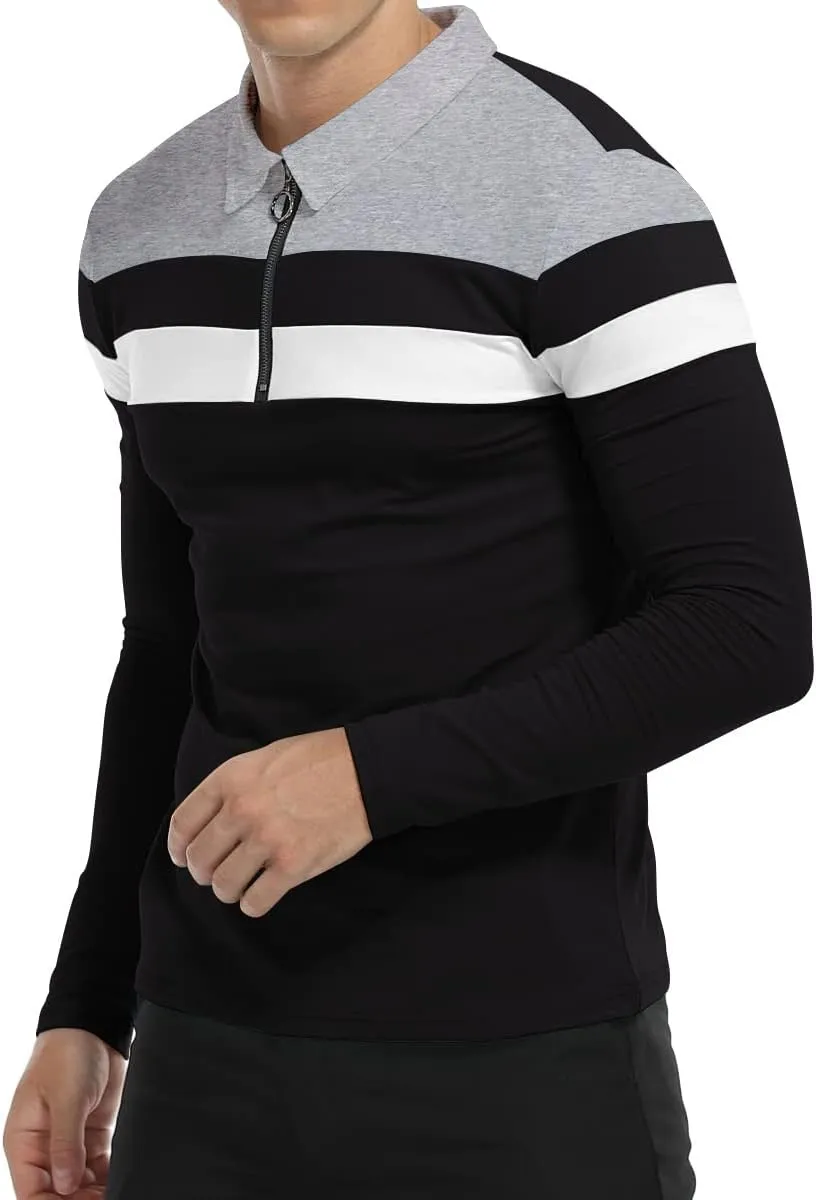 YTD Men's Long Sleeve Polo Shirts Quarter-Zip Casual Slim Fit Lapel Neck Basic Designed Cotton Shirts