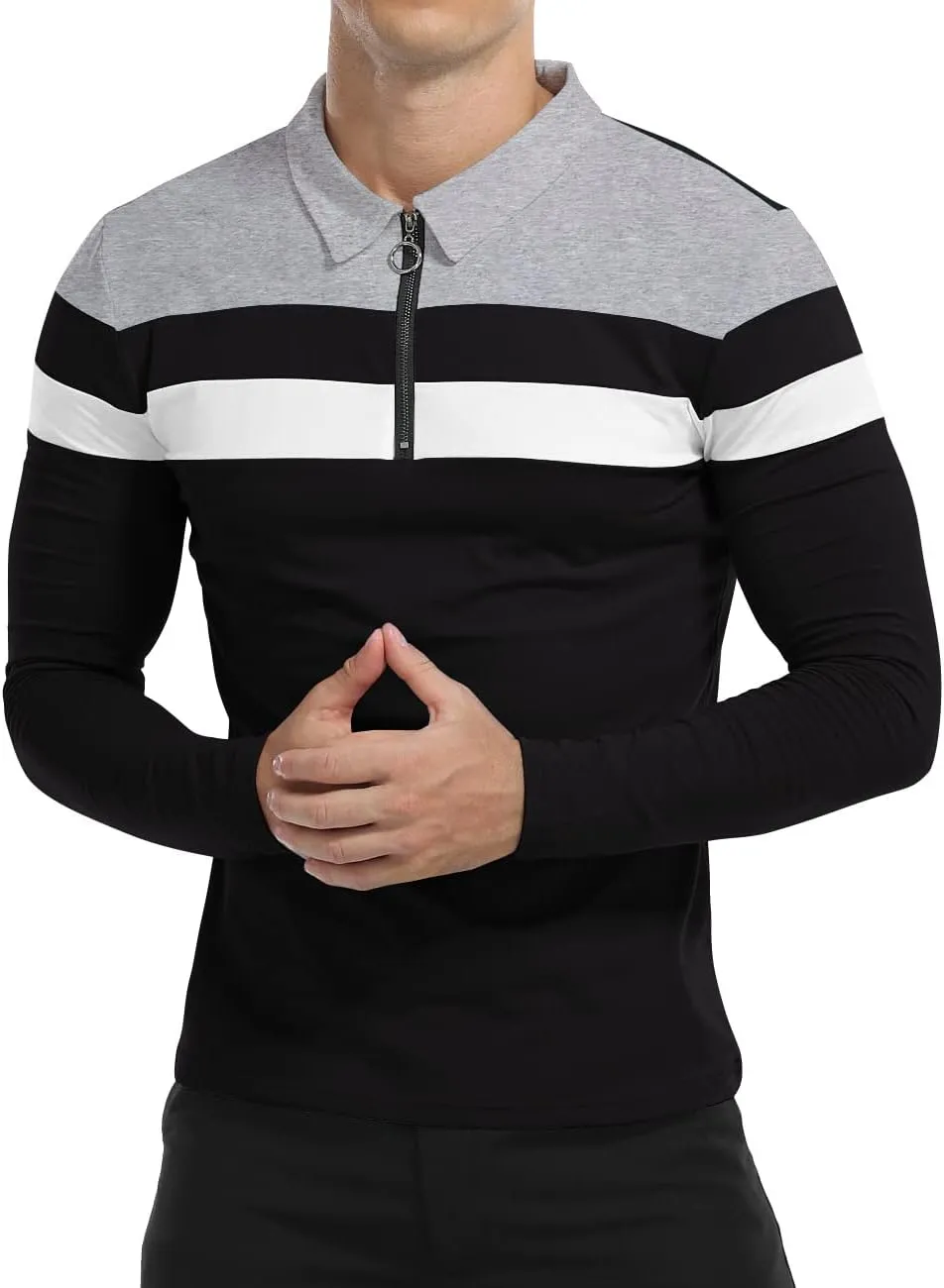 YTD Men's Long Sleeve Polo Shirts Quarter-Zip Casual Slim Fit Lapel Neck Basic Designed Cotton Shirts
