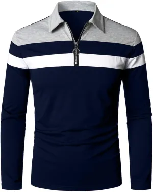 YTD Men's Long Sleeve Polo Shirts Quarter-Zip Casual Slim Fit Lapel Neck Basic Designed Cotton Shirts