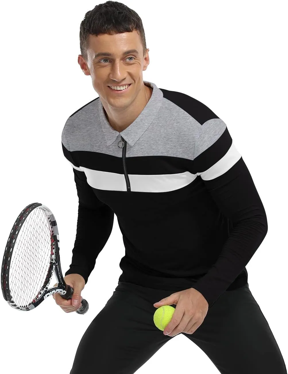 YTD Men's Long Sleeve Polo Shirts Quarter-Zip Casual Slim Fit Lapel Neck Basic Designed Cotton Shirts