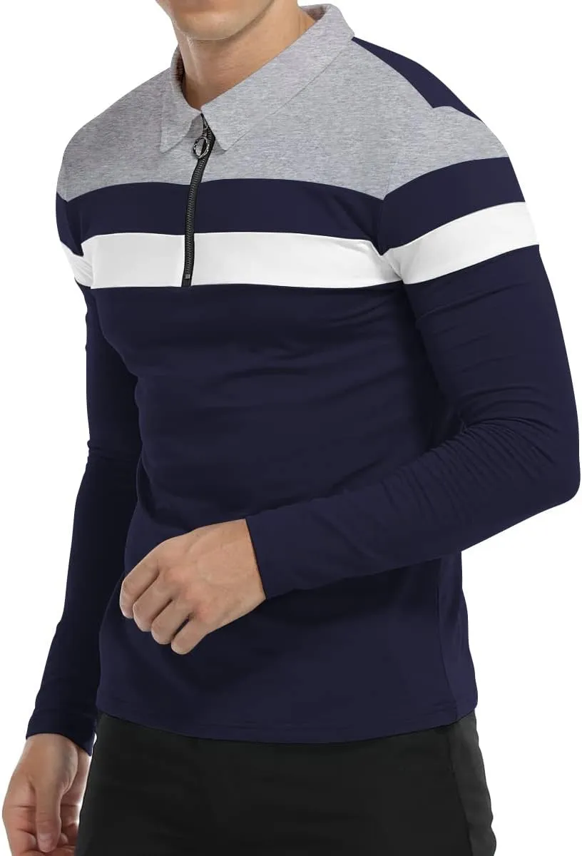 YTD Men's Long Sleeve Polo Shirts Quarter-Zip Casual Slim Fit Lapel Neck Basic Designed Cotton Shirts