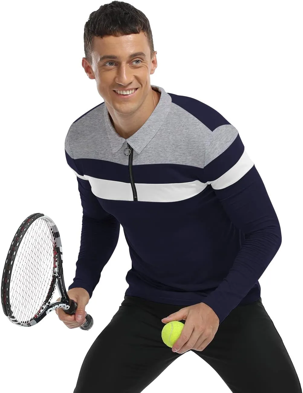 YTD Men's Long Sleeve Polo Shirts Quarter-Zip Casual Slim Fit Lapel Neck Basic Designed Cotton Shirts
