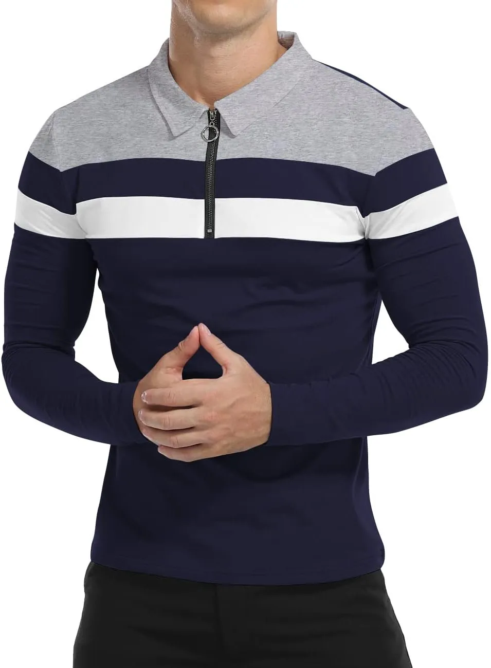YTD Men's Long Sleeve Polo Shirts Quarter-Zip Casual Slim Fit Lapel Neck Basic Designed Cotton Shirts