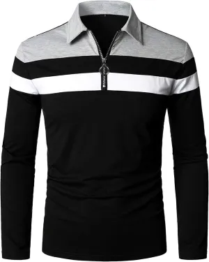 YTD Men's Long Sleeve Polo Shirts Quarter-Zip Casual Slim Fit Lapel Neck Basic Designed Cotton Shirts