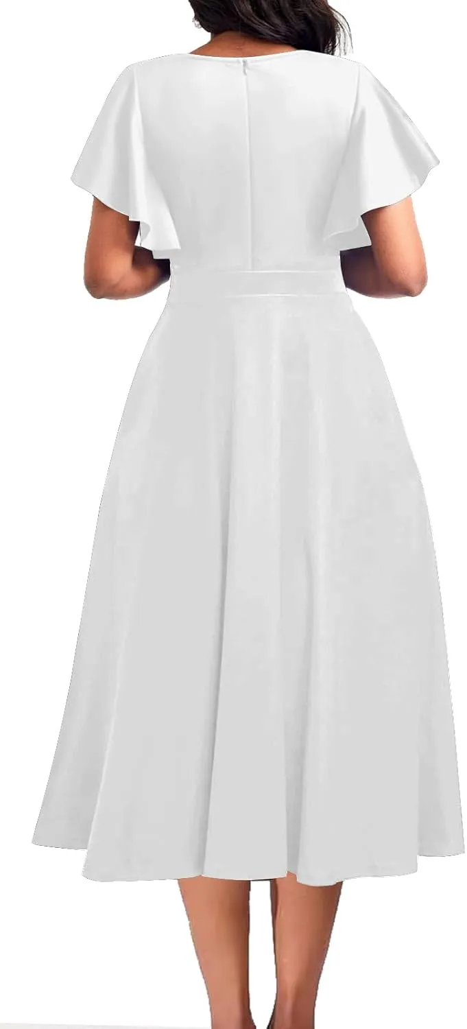 ZonJie Summer Casual Dress for Women V Neck Ruffle Short Sleeve A Line Swing Flared Cocktail Party Midi Dress with Pocket