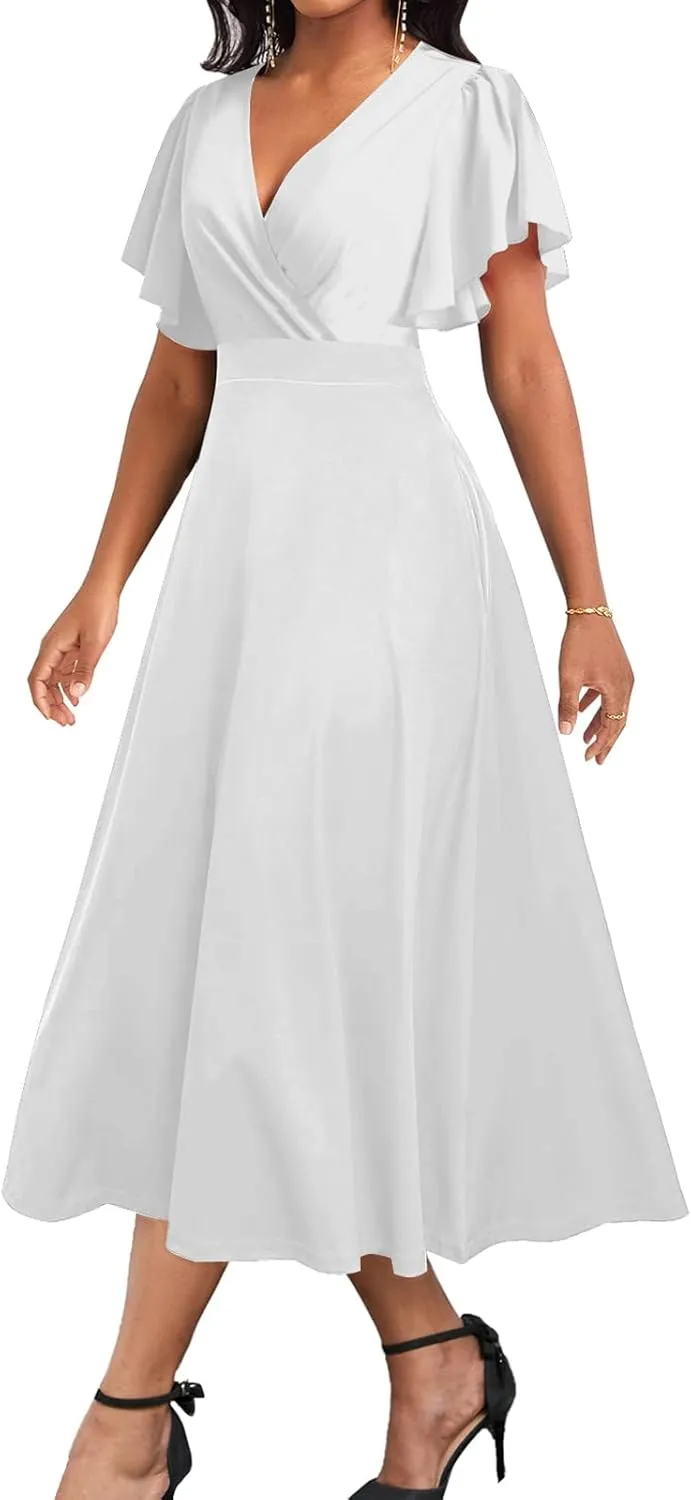 ZonJie Summer Casual Dress for Women V Neck Ruffle Short Sleeve A Line Swing Flared Cocktail Party Midi Dress with Pocket
