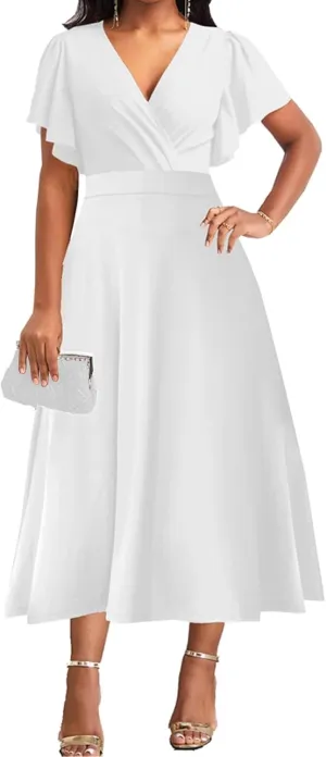 ZonJie Summer Casual Dress for Women V Neck Ruffle Short Sleeve A Line Swing Flared Cocktail Party Midi Dress with Pocket